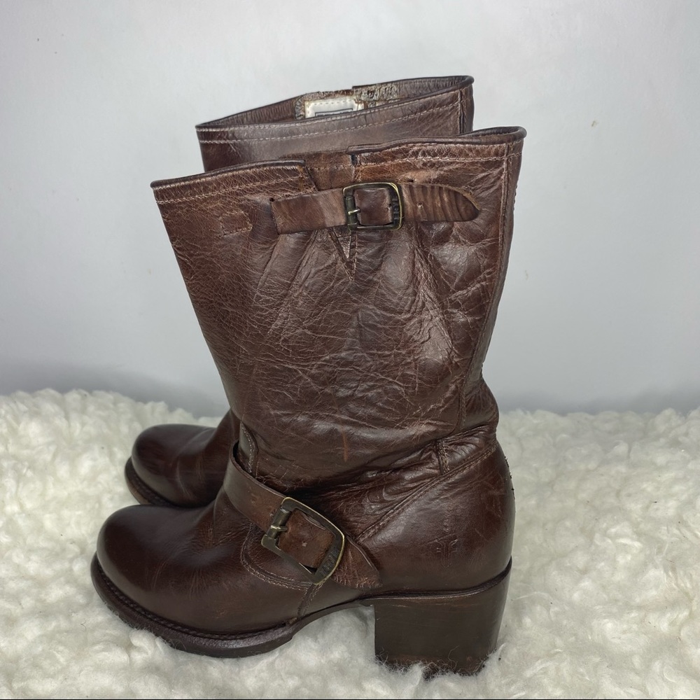 FRYE Vera Short Engineer Motocycle Harness Leather Brown Belted Boots  Size 7B - Picture 6 of 10